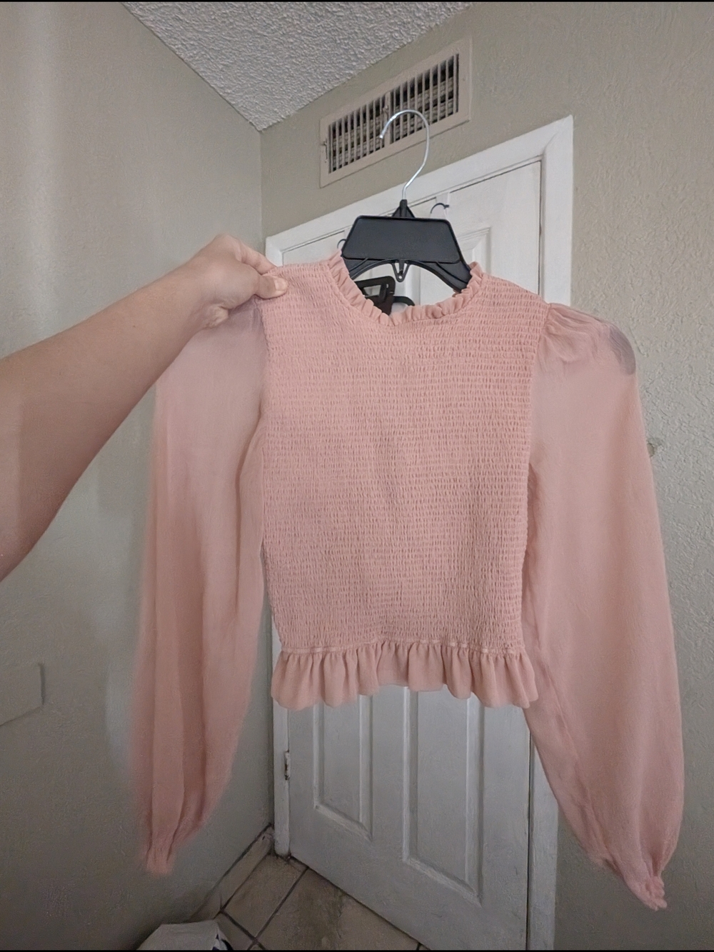 Chelsea & Violet Blush Pink Smocked Ruffle-Neck Sheer Sleeve Top